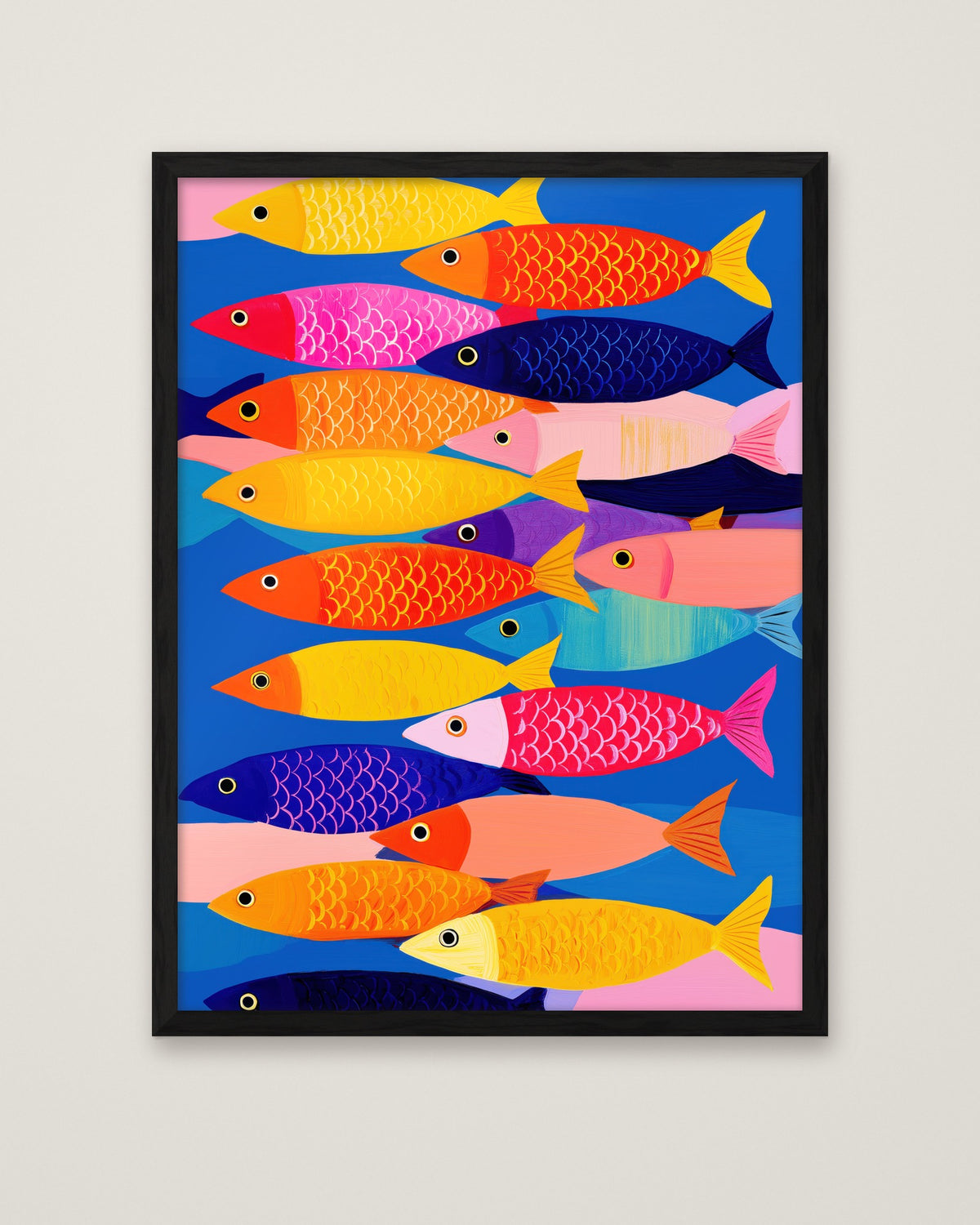 Colorful School Of Fish Art in a black frame