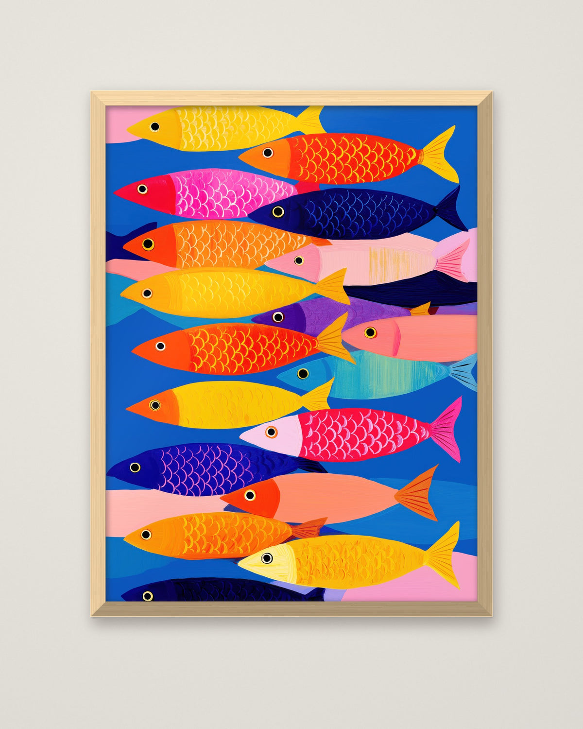 Colorful School Of Fish Art in a natural wood frame