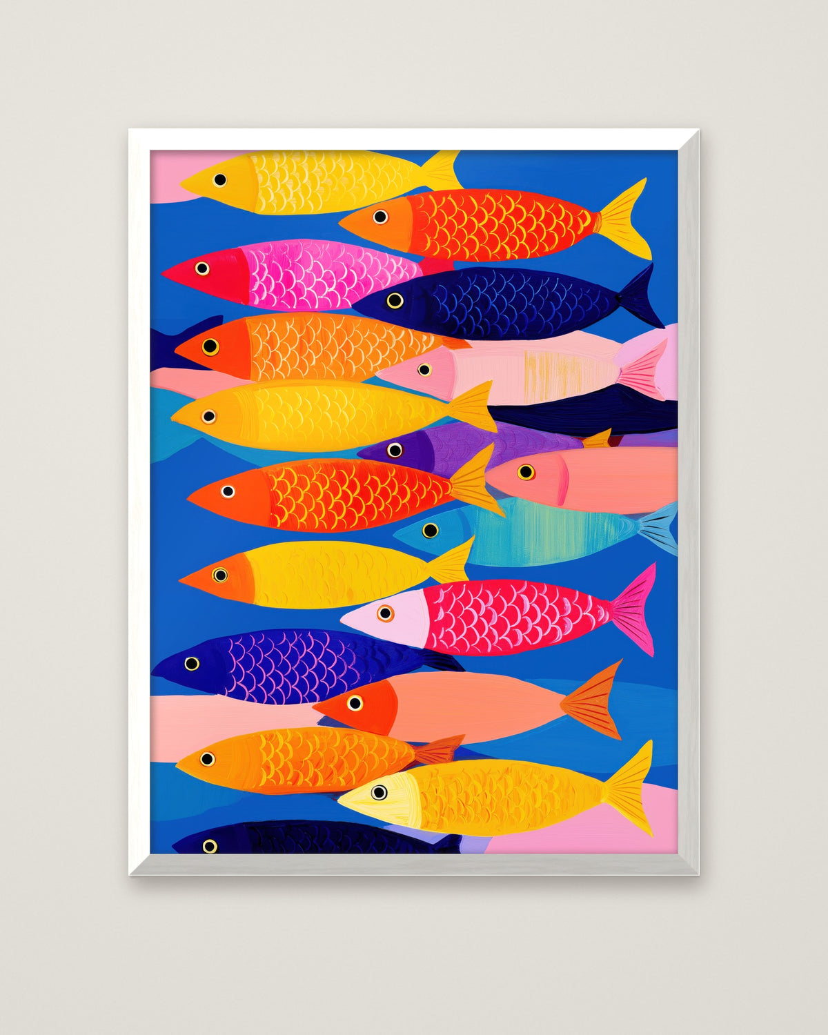 Colorful School Of Fish Art in a white frame