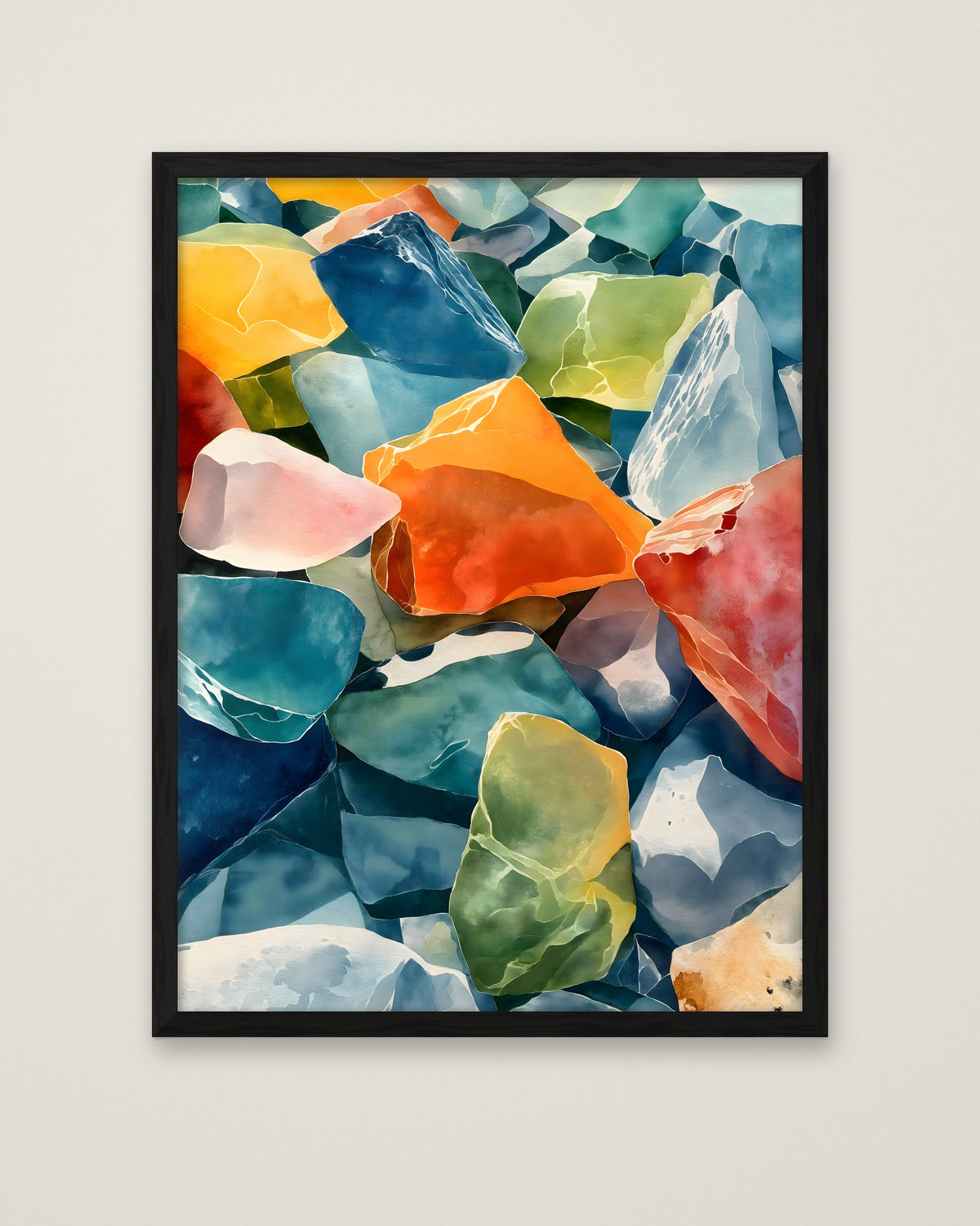 Colorful Sea Glass Watercolor Art in a black frame