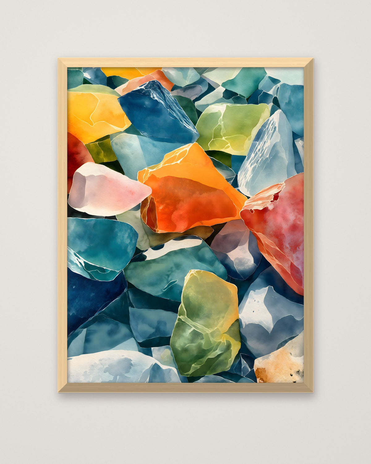 Colorful Sea Glass Watercolor Art in a natural wood frame