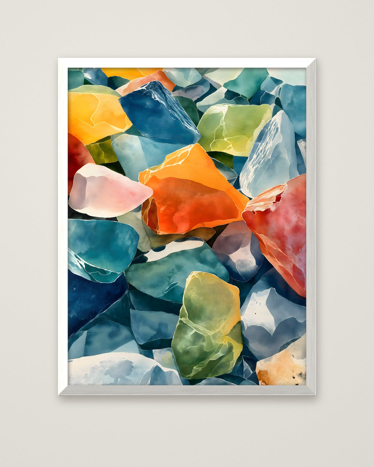 Colorful Sea Glass Watercolor Art in a white frame