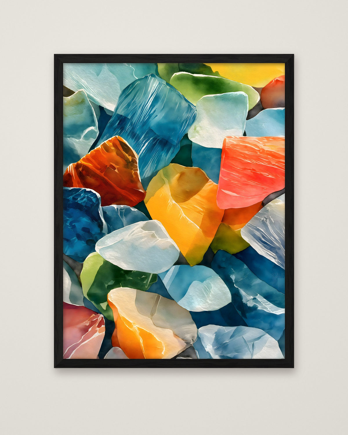 Colorful Sea Glass Watercolor Art in a black frame