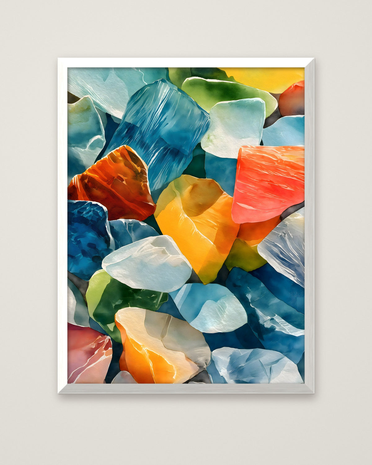 Colorful Sea Glass Watercolor Art in a white frame