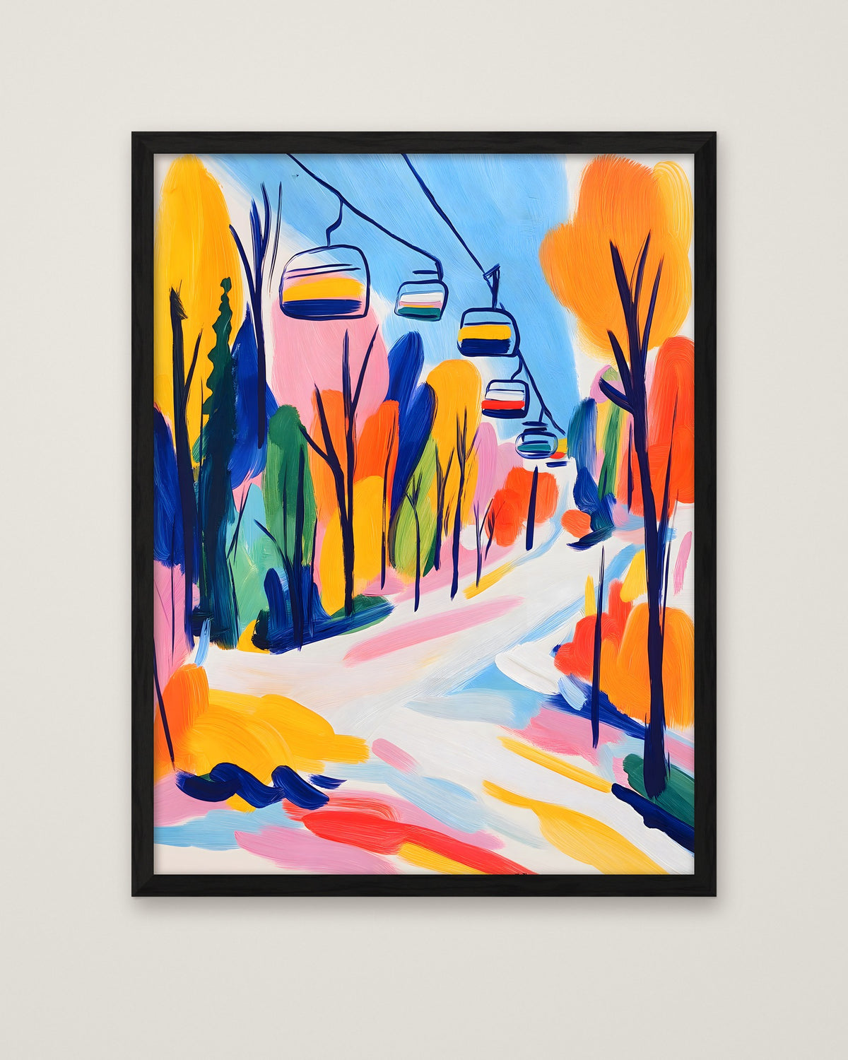 Colorful Ski Lift Mountain Art in a black frame