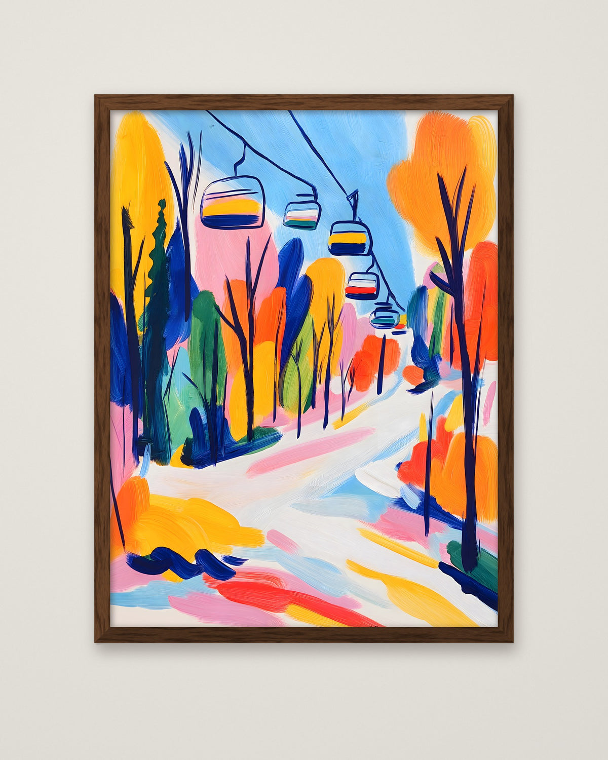 Colorful Ski Lift Mountain Art in a dark wood frame
