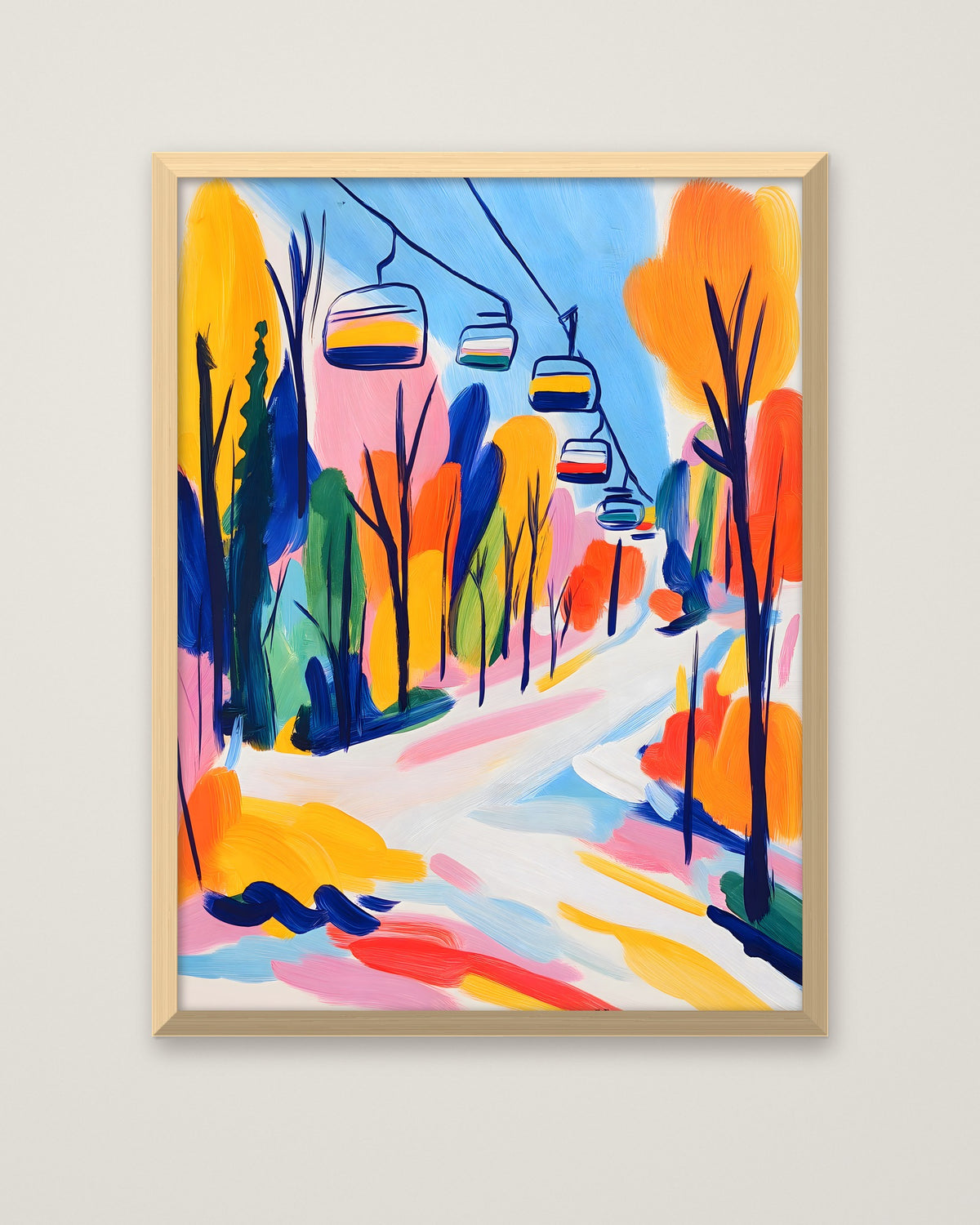 Colorful Ski Lift Mountain Art in a natural wood frame