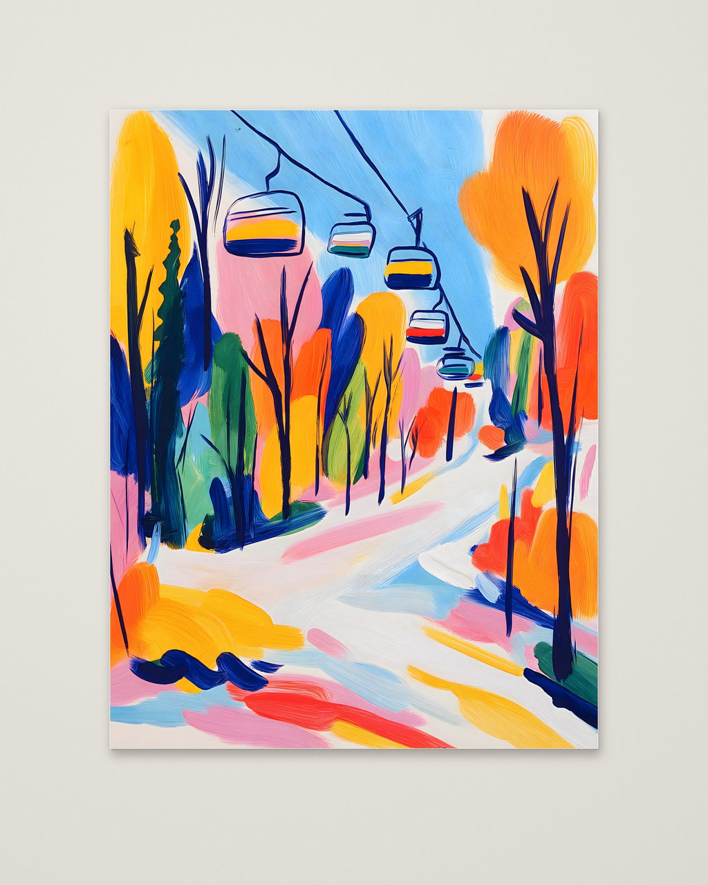 Colorful Ski Lift Mountain Art as an unframed matte paper print