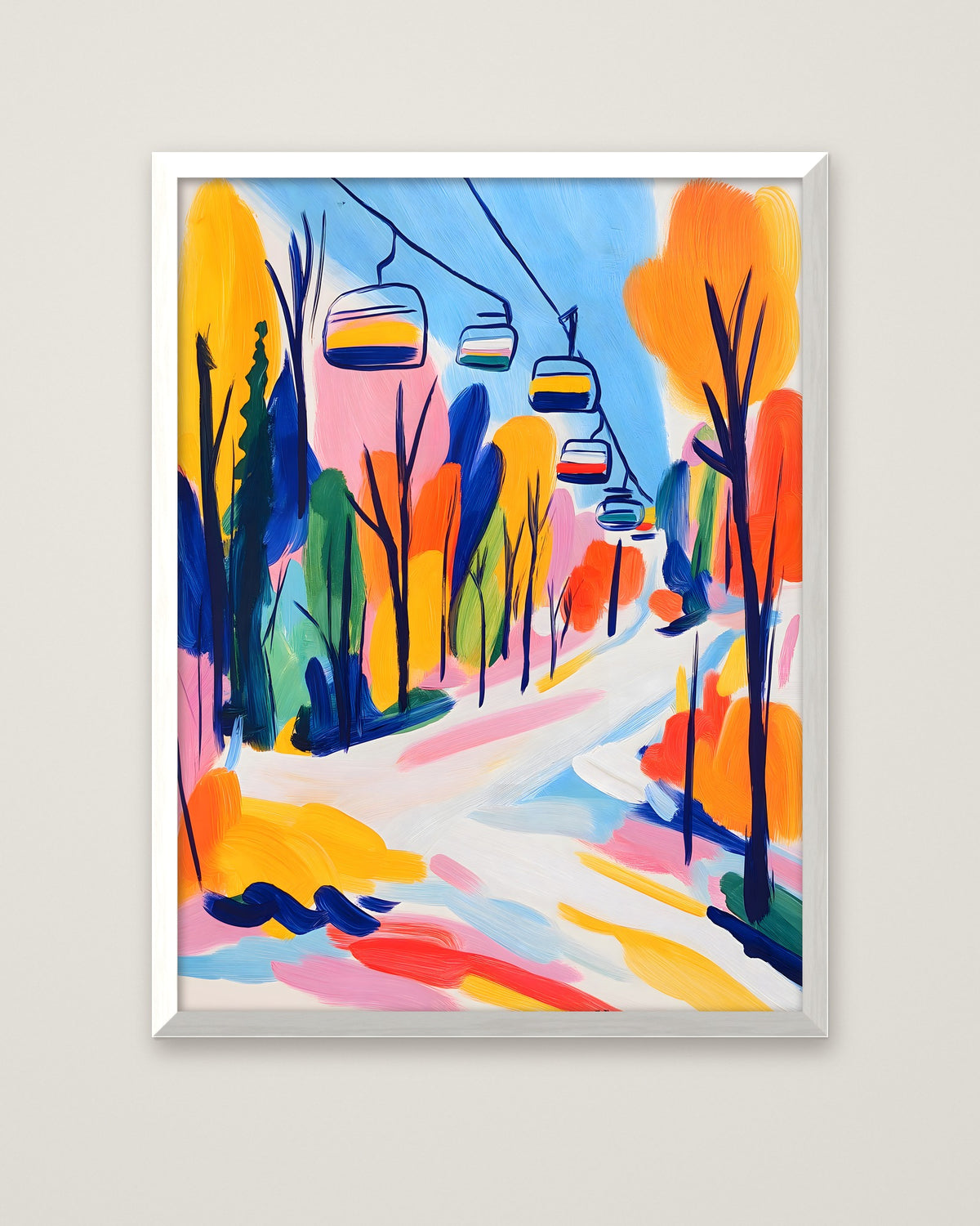 Colorful Ski Lift Mountain Art in a white frame