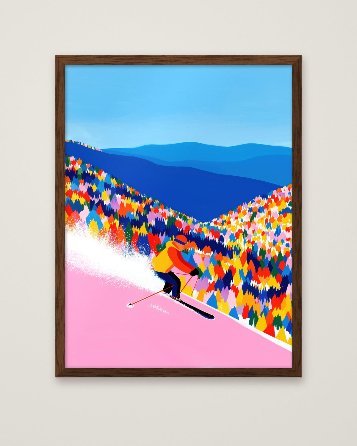 Colorful Skiing Mountain Art in a dark wood frame