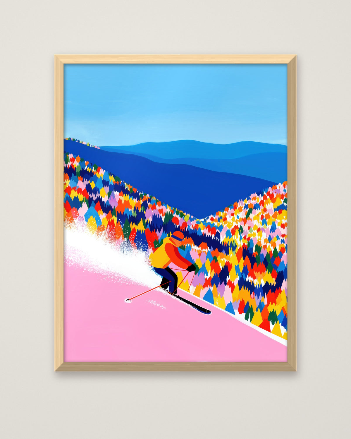 Colorful Skiing Mountain Art in a natural wood frame