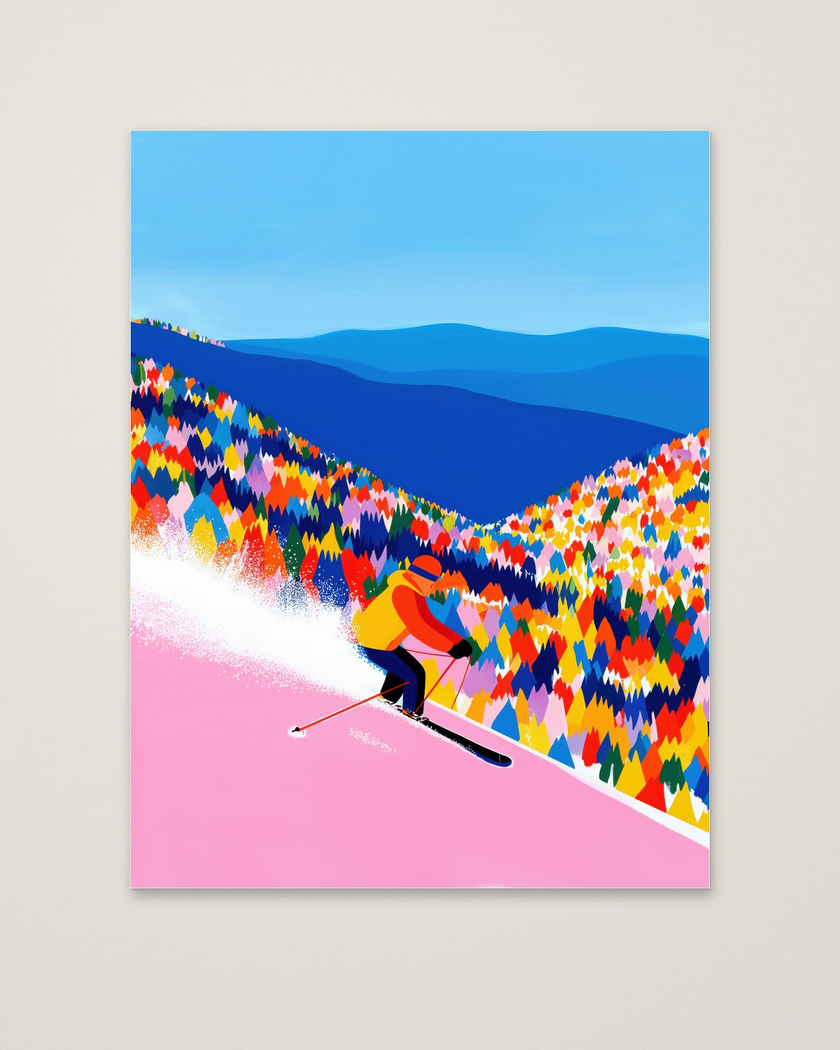 Colorful Skiing Mountain Art as an unframed matte paper print
