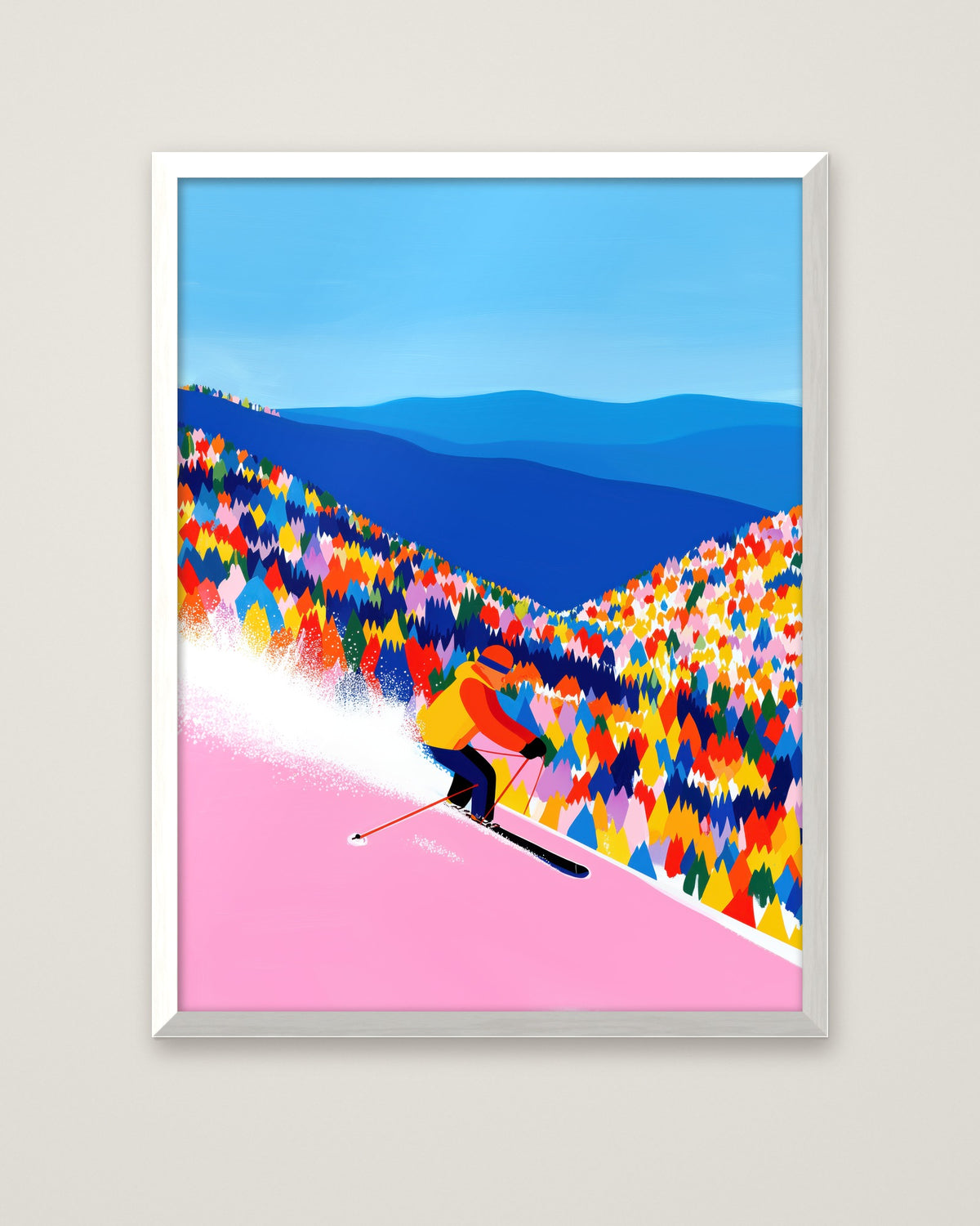 Colorful Skiing Mountain Art in a white frame