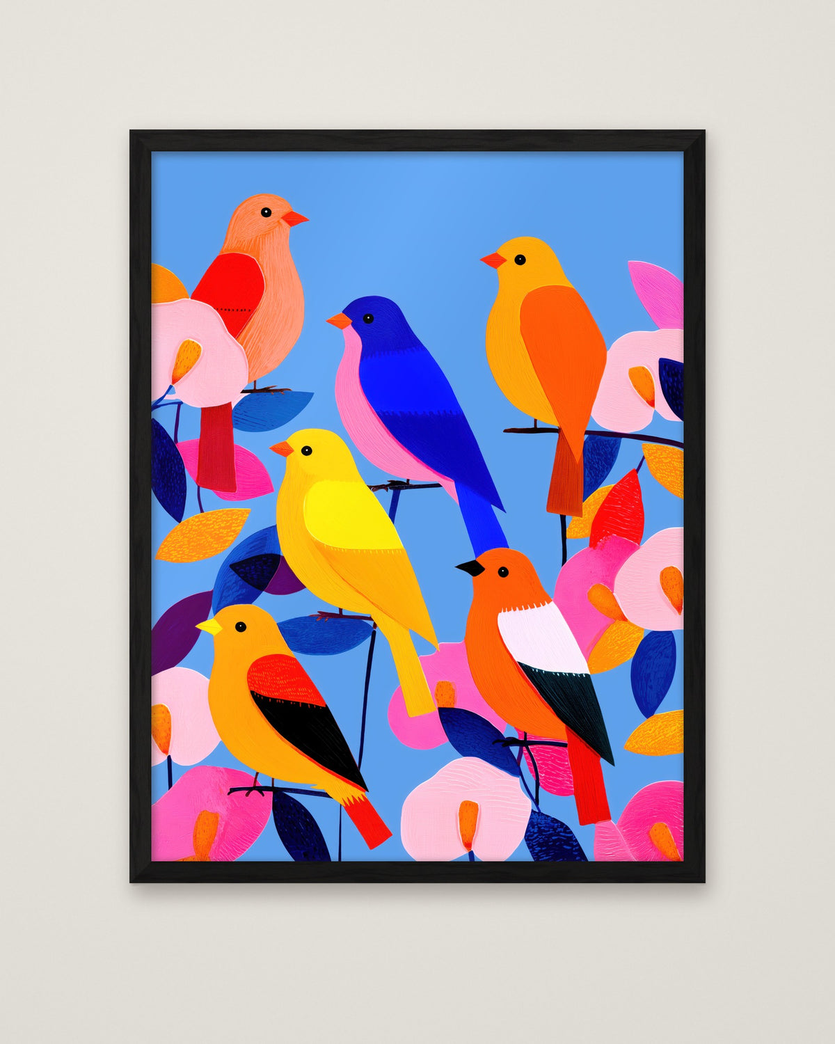 Colorful Songbird Flock Art in a black frame