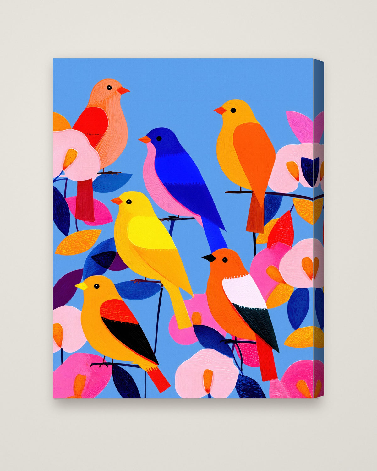 Colorful Songbird Flock Art as a stretched canvas