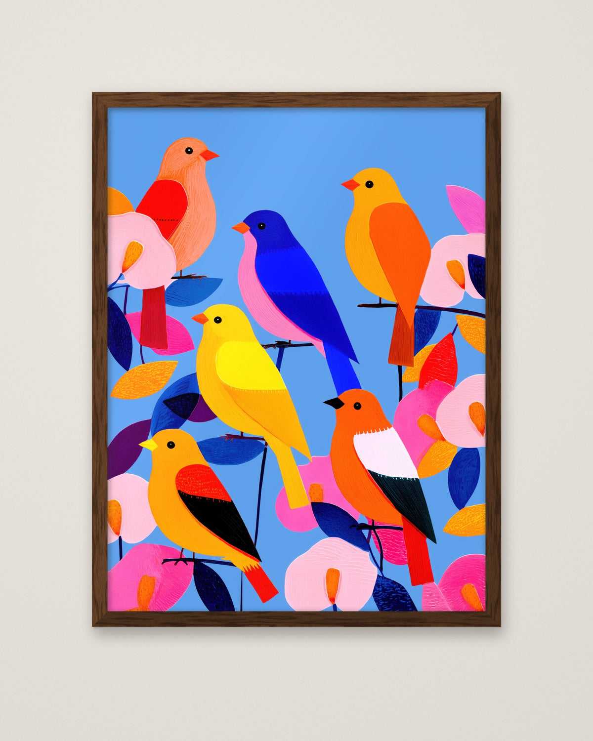 Colorful Songbird Flock Art in a dark wood frame
