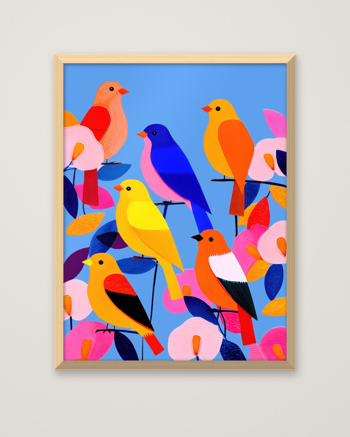 Colorful Songbird Flock Art in a natural wood frame