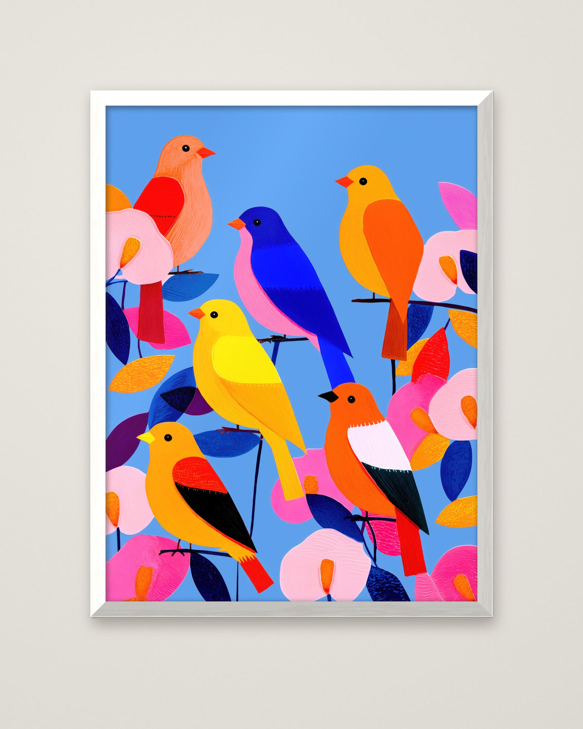 Colorful Songbird Flock Art in a white frame