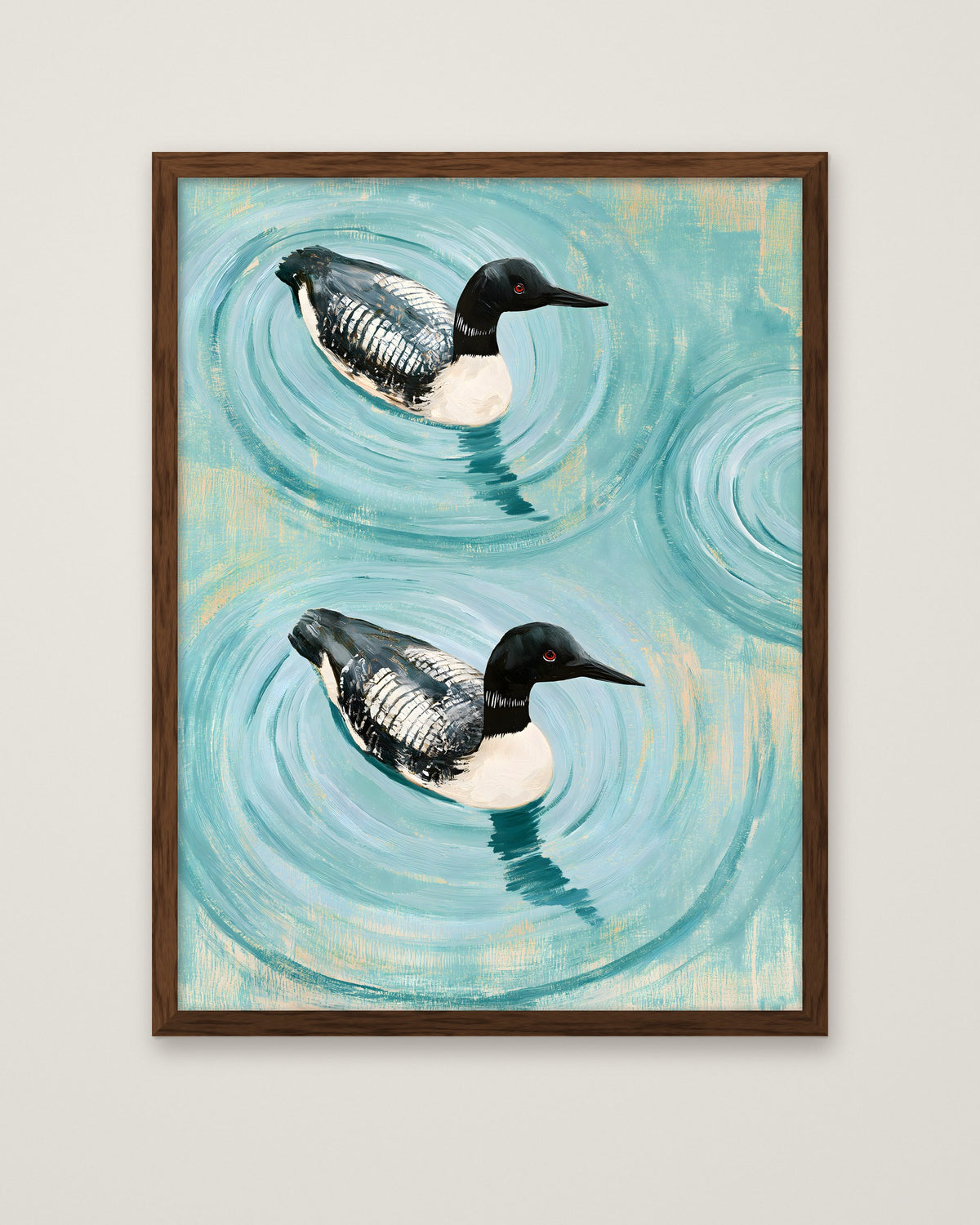 Common Loon Pair Painting in a dark wood frame