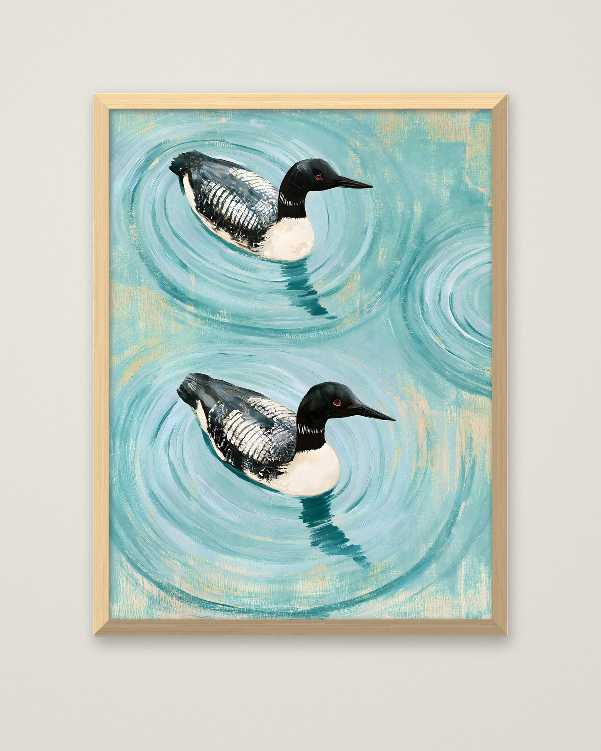 Common Loon Pair Painting in a natural wood frame