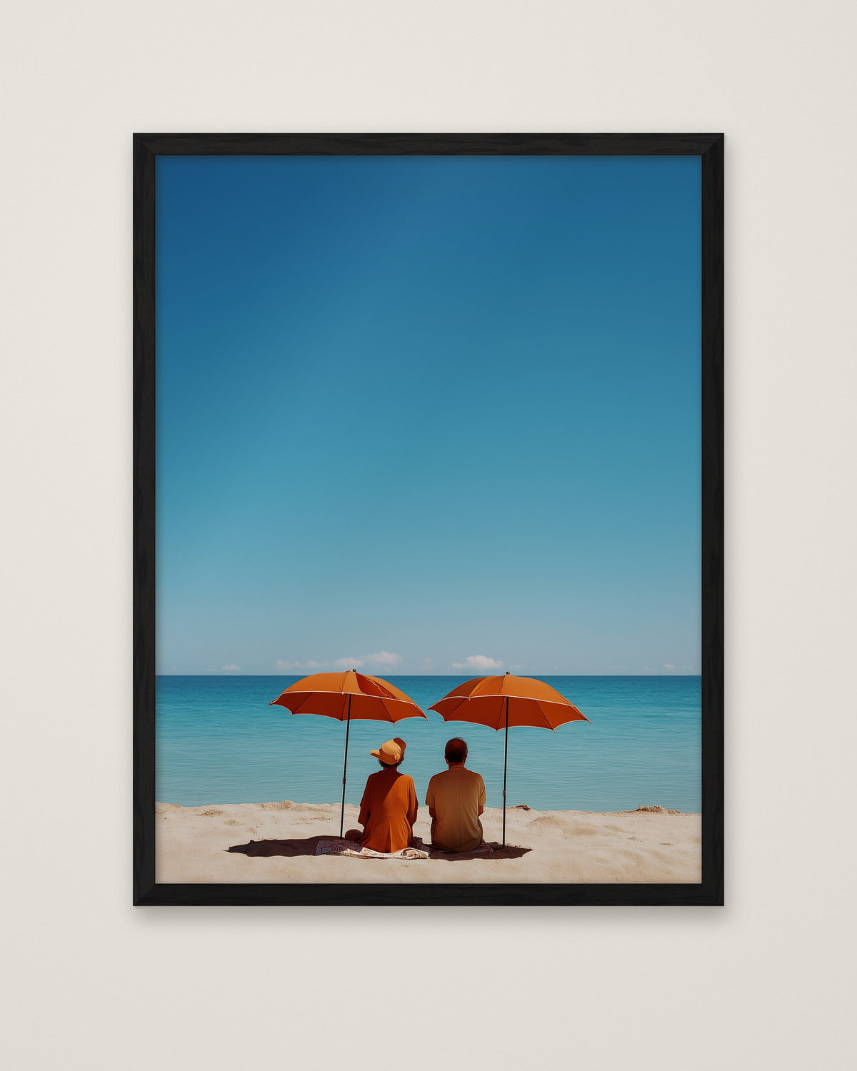 Couple Beach Umbrella Art in a black frame