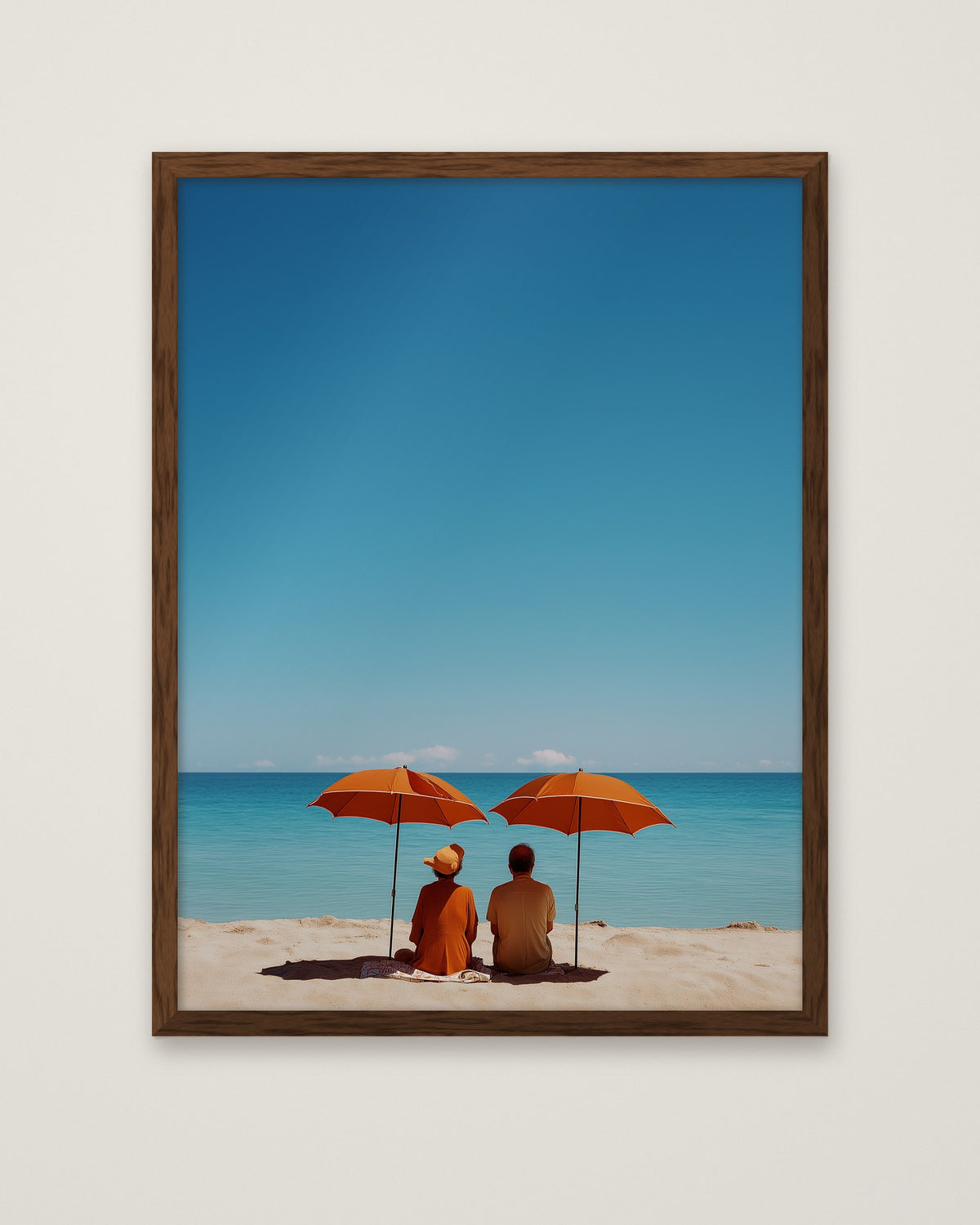Couple Beach Umbrella Art in a dark wood frame