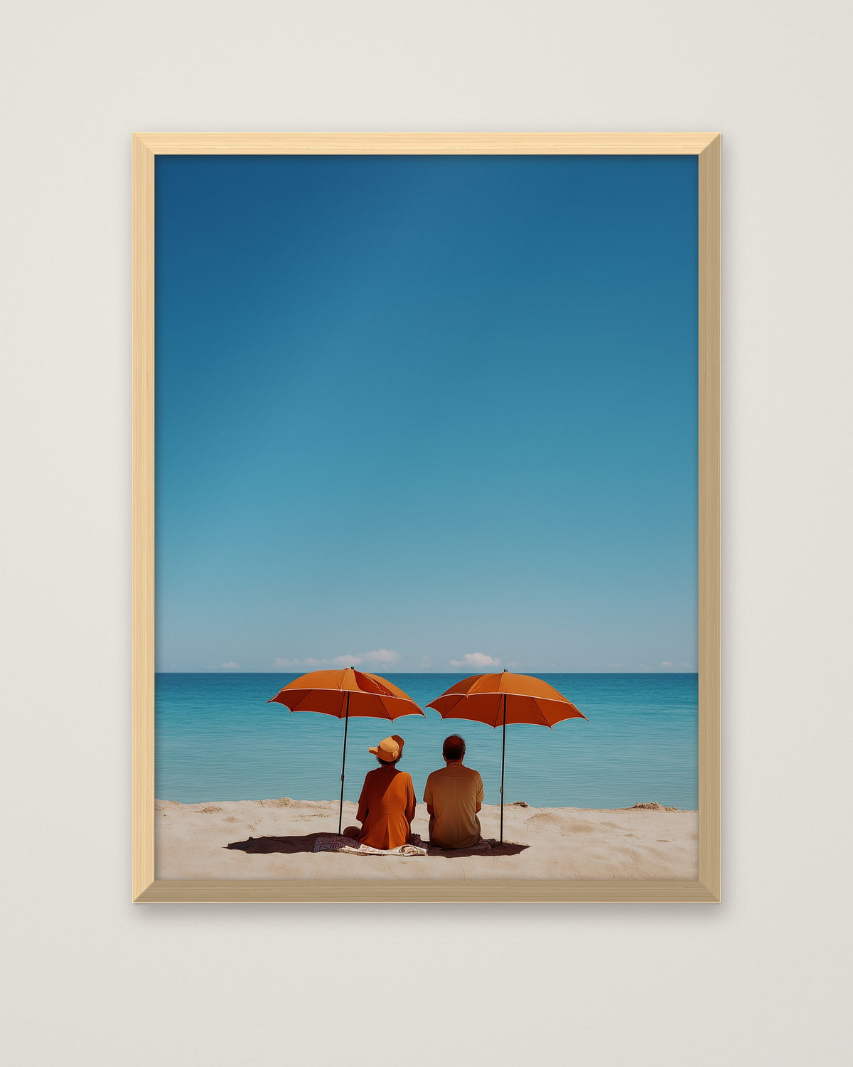 Couple Beach Umbrella Art in a natural wood frame