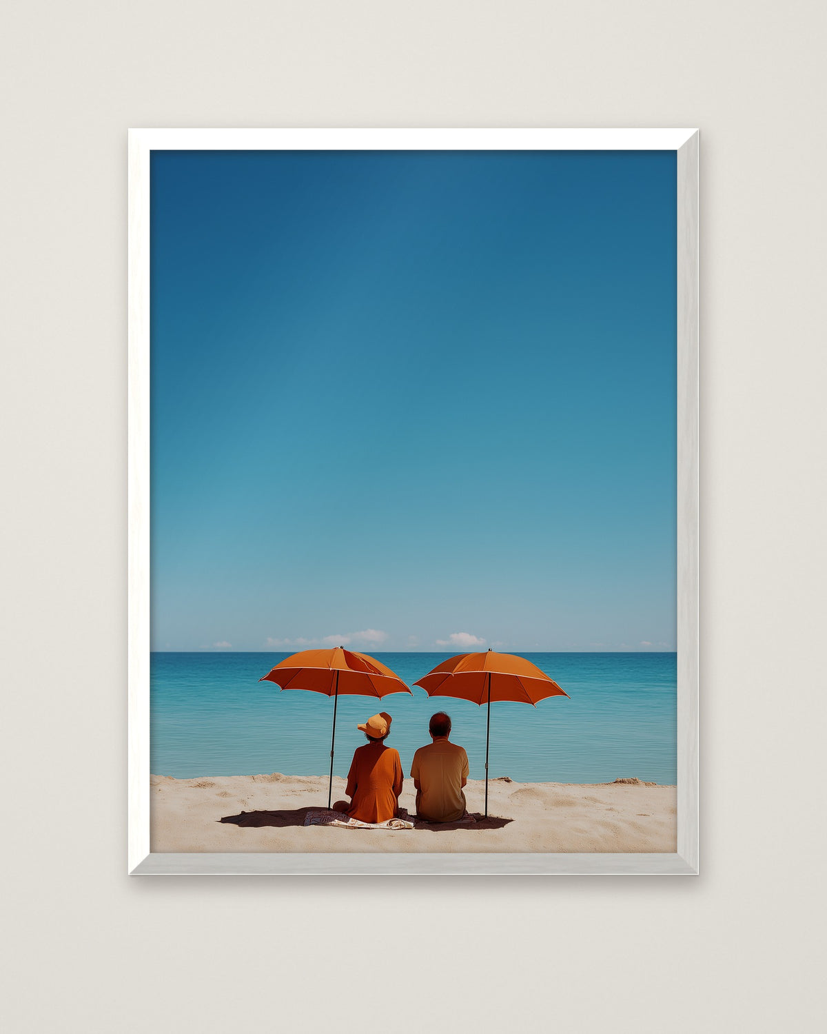 Couple Beach Umbrella Art in a white frame