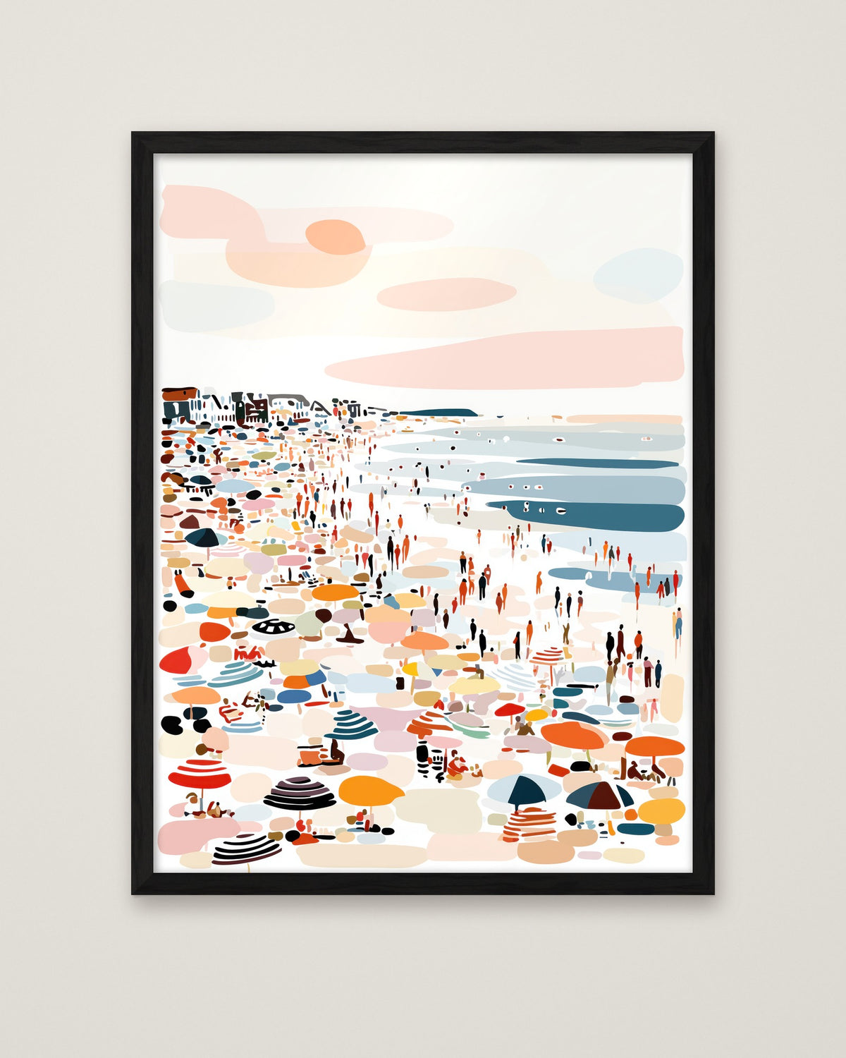 Crowded Summer Beach Scene Art in a black frame