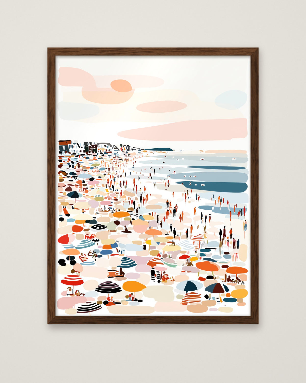 Crowded Summer Beach Scene Art in a dark wood frame