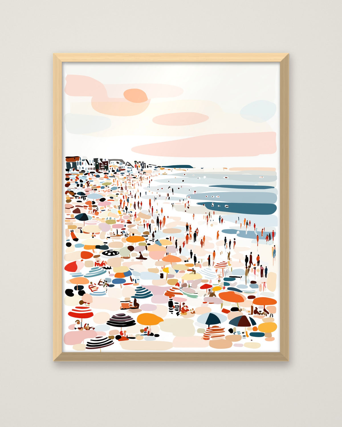Crowded Summer Beach Scene Art in a natural wood frame