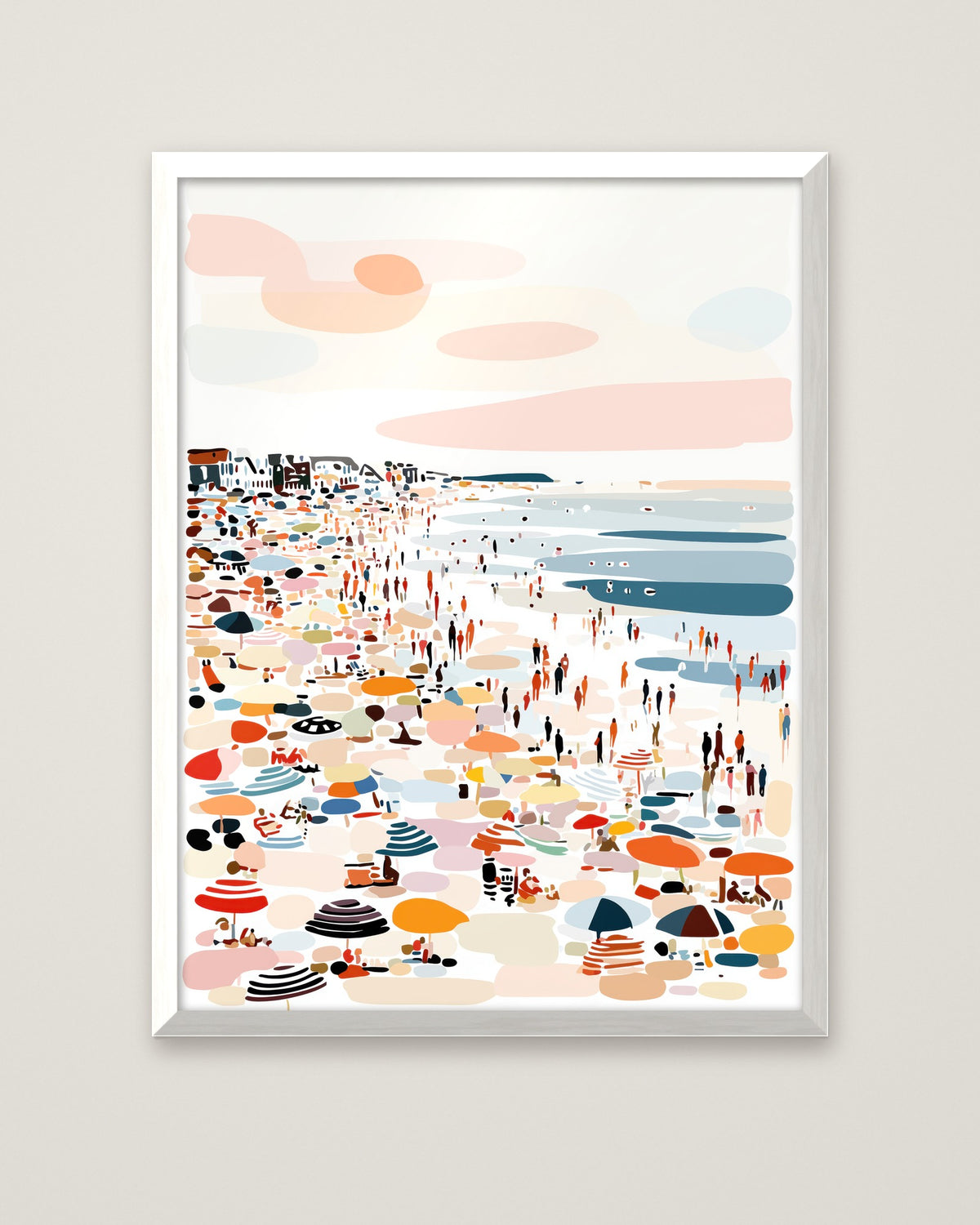 Crowded Summer Beach Scene Art in a white frame