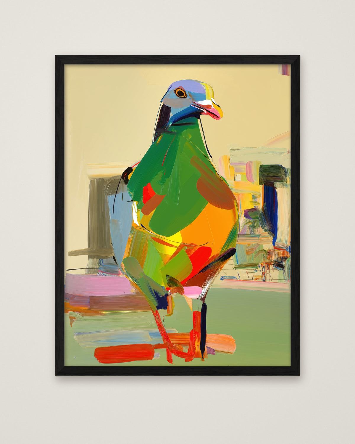 Cubist Pigeon Abstract Art in a black frame