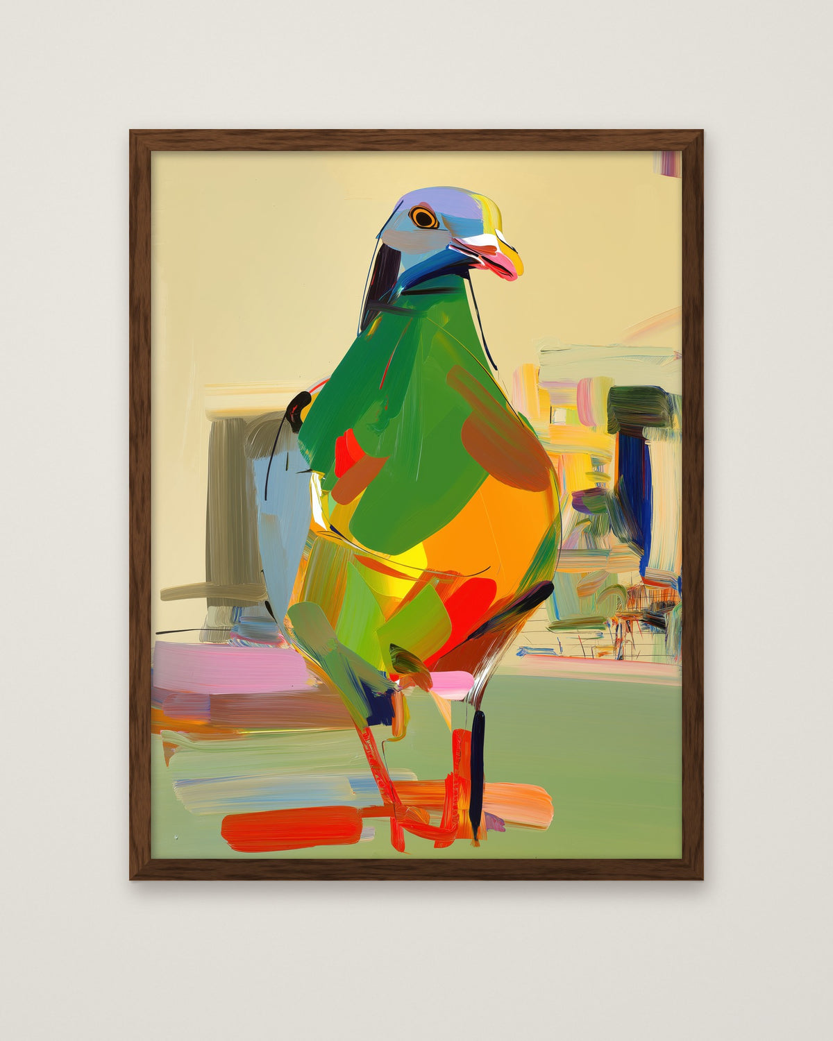 Cubist Pigeon Abstract Art in a dark wood frame