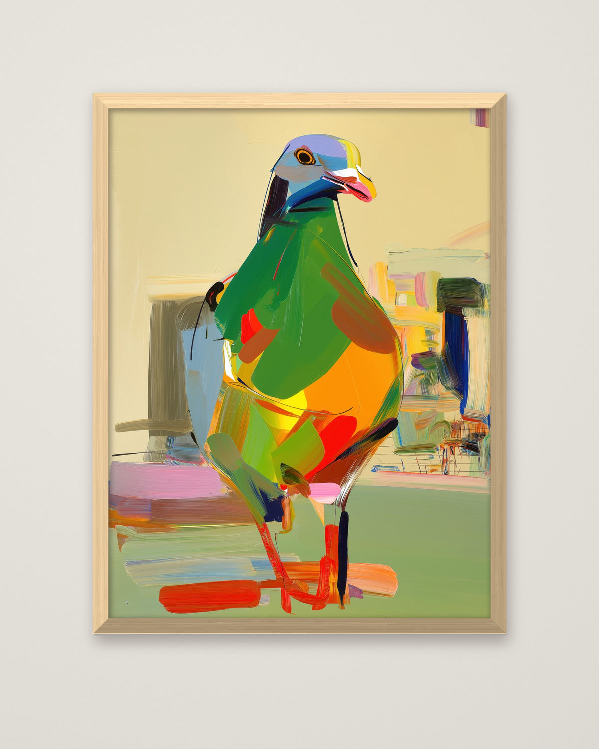 Cubist Pigeon Abstract Art in a natural wood frame