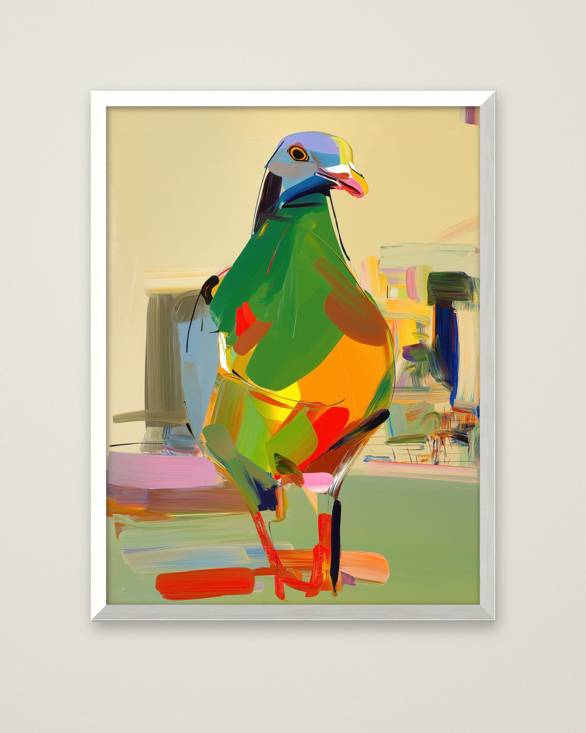 Cubist Pigeon Abstract Art in a white frame