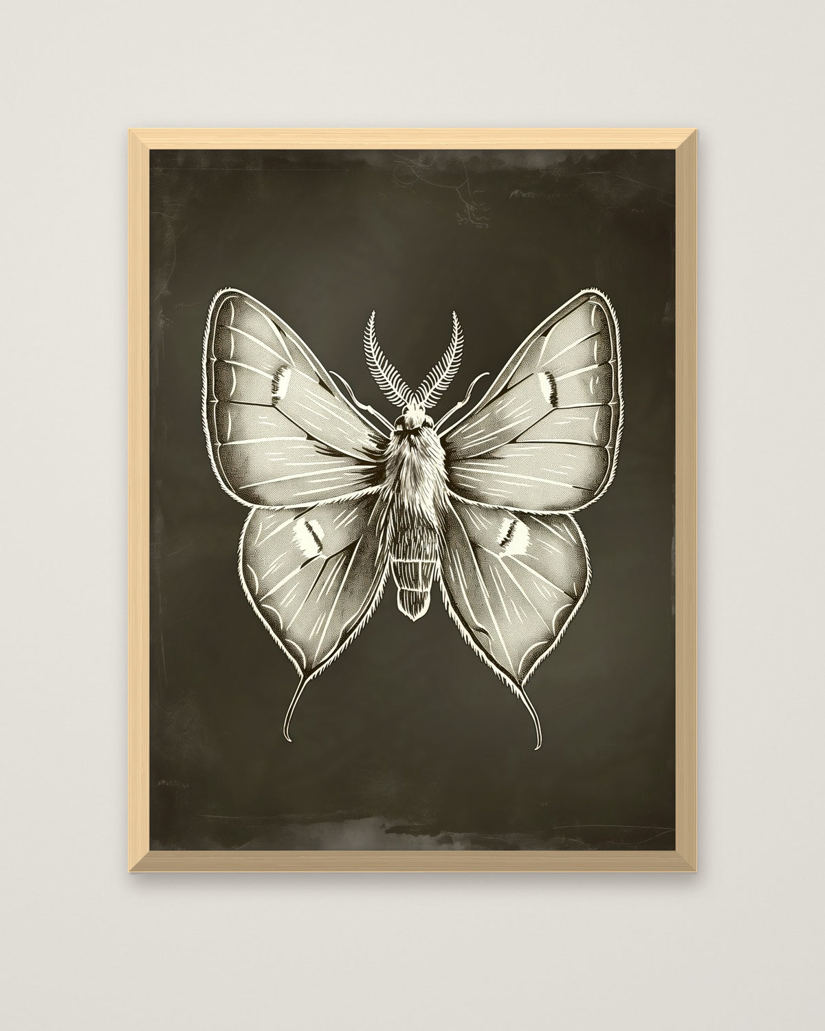 Dark Gothic Moth Illustration in a natural wood frame
