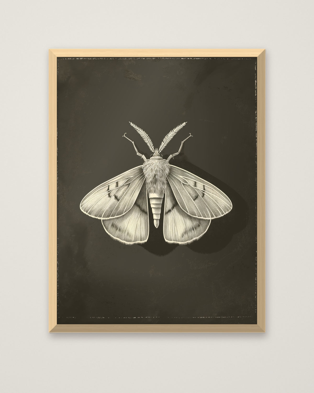 Dark Moth Botanical Illustration in a natural wood frame