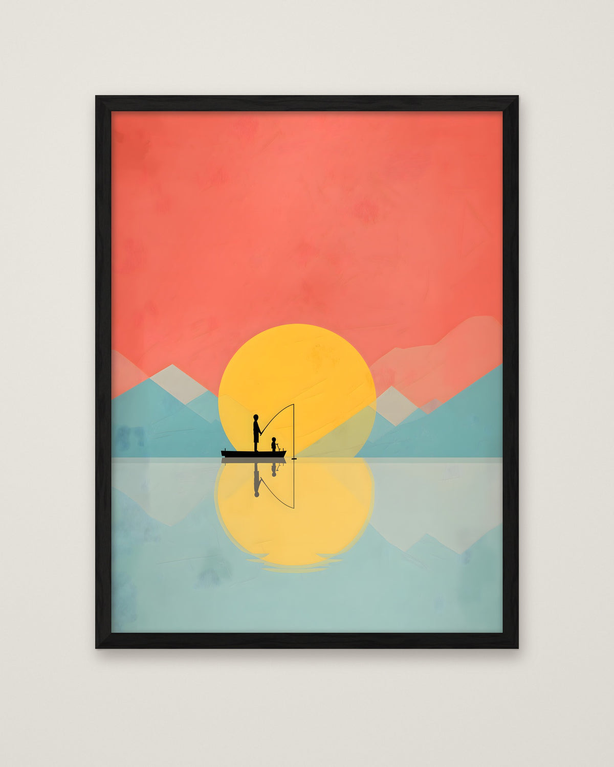 Father Child Fishing Sunset Art in a black frame