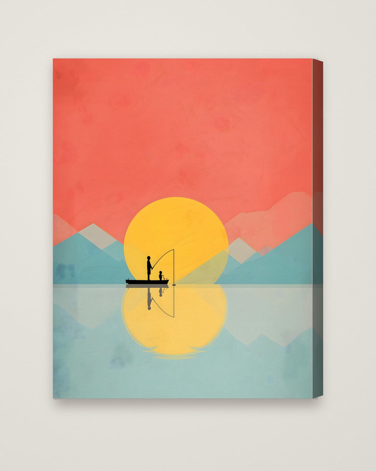 Father Child Fishing Sunset Art as a stretched canvas