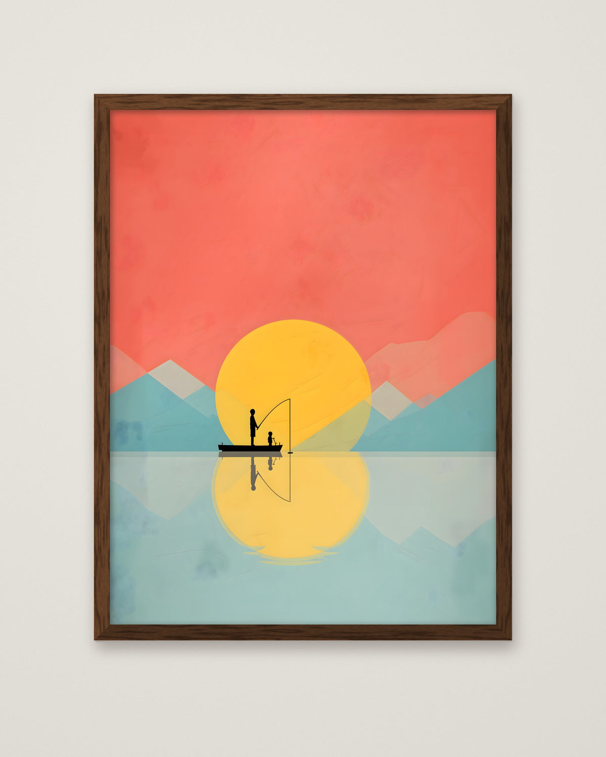 Father Child Fishing Sunset Art in a dark wood frame