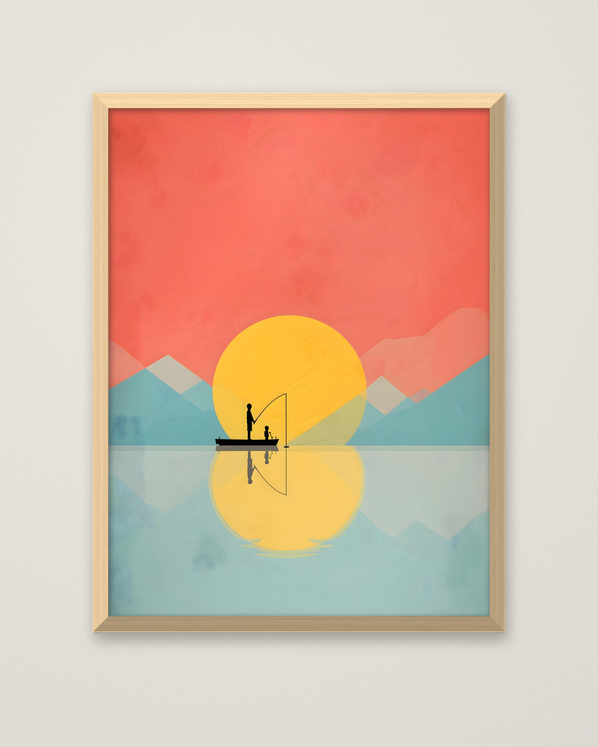 Father Child Fishing Sunset Art in a natural wood frame