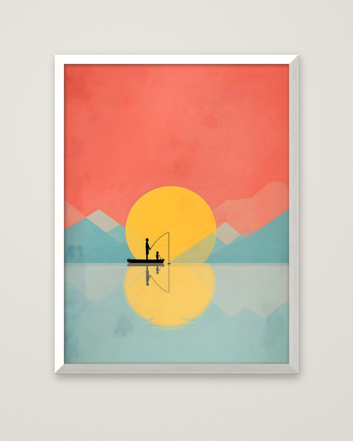 Father Child Fishing Sunset Art in a white frame