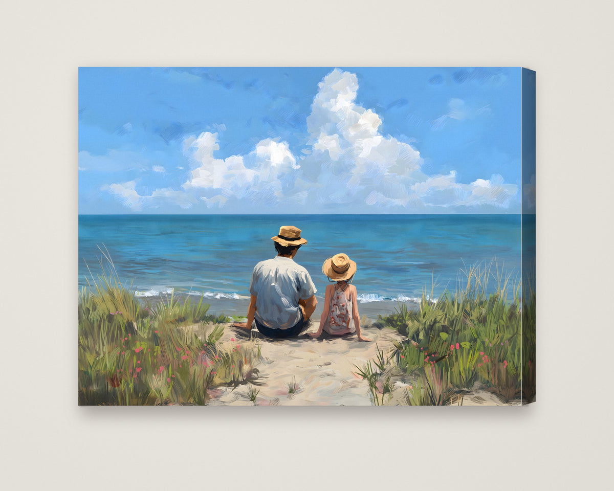 Father Daughter Beach Art as a stretched canvas