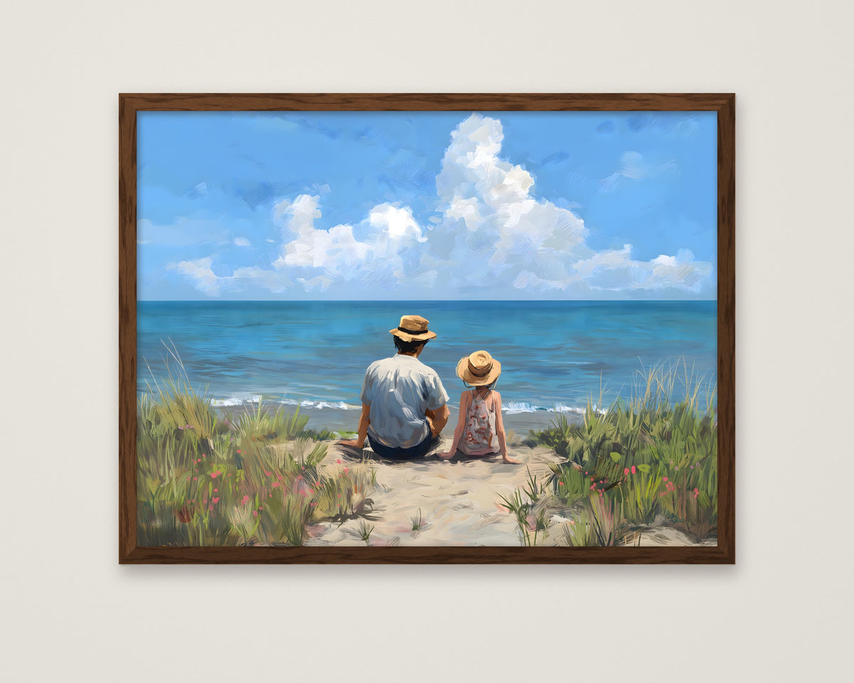 Father Daughter Beach Art in a dark wood frame