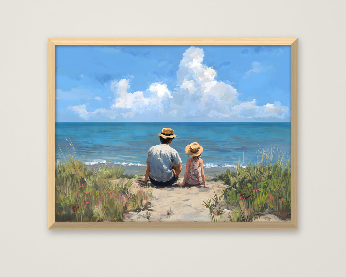 Father Daughter Beach Art in a natural wood frame