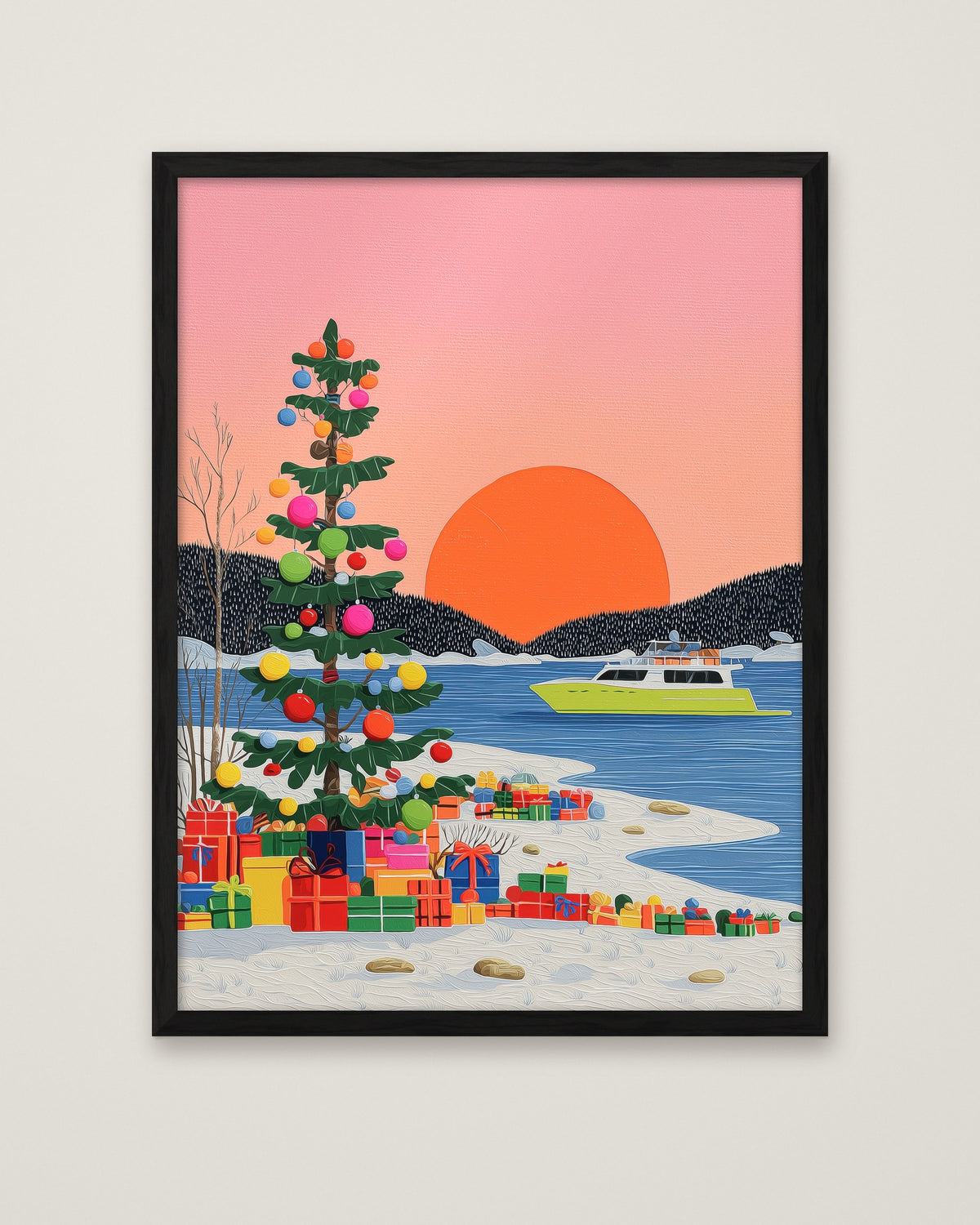Festive Winter Sunset Folk Art in a black frame