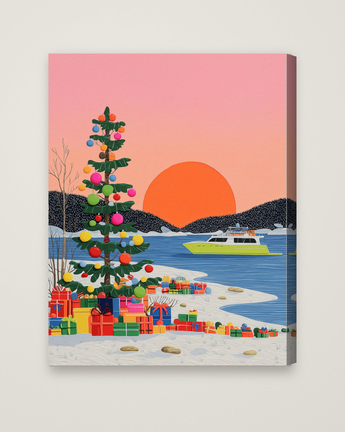 Festive Winter Sunset Folk Art as a stretched canvas