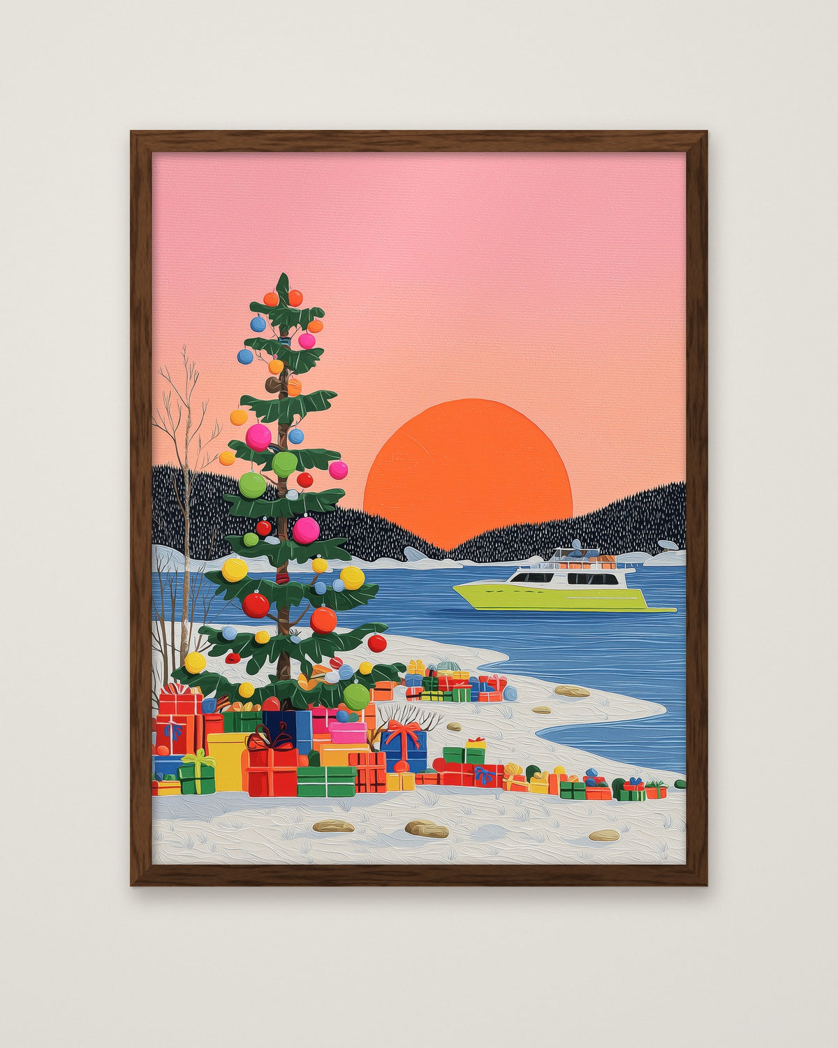 Festive Winter Sunset Folk Art in a dark wood frame