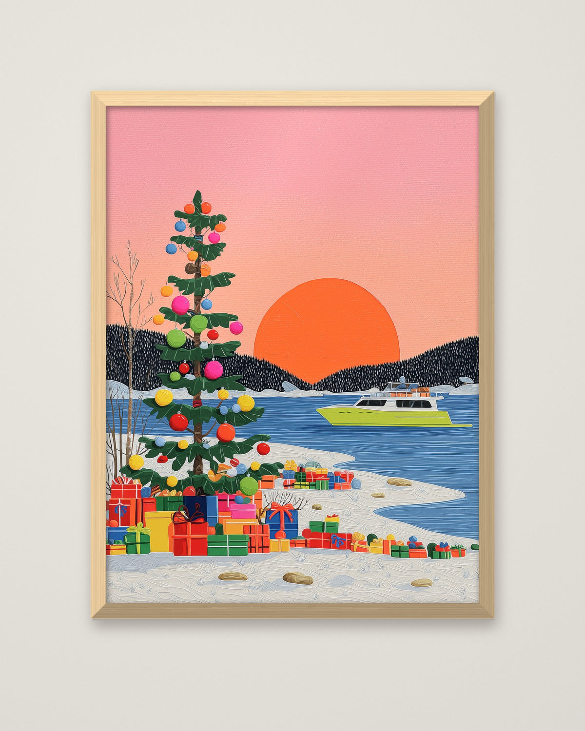 Festive Winter Sunset Folk Art in a natural wood frame